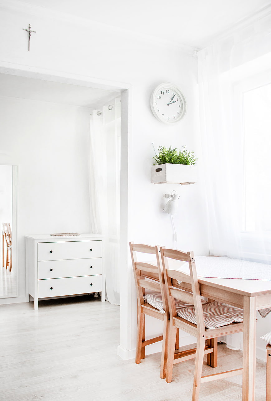 Bright Minimalist Home Office with Wooden Desk and White Drawers