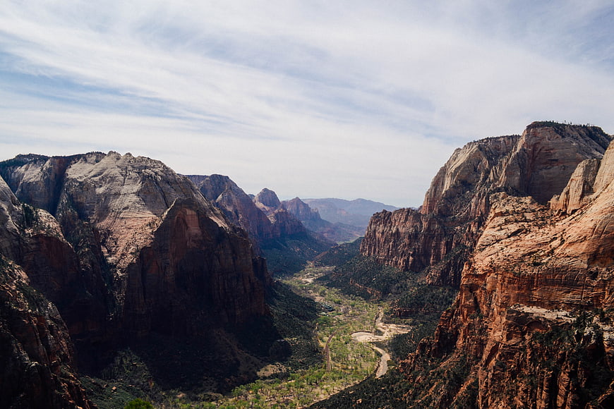 Wide View of Red Rock Canyon Valley with Winding River