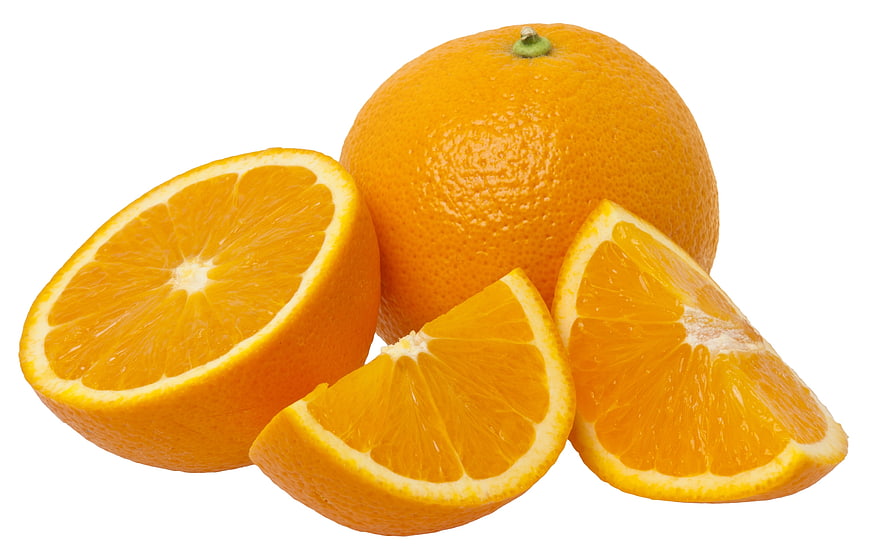 Fresh Whole and Sliced Oranges on White Background