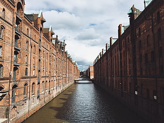 Historic Brick Warehouses Along a Canal in Hamburg