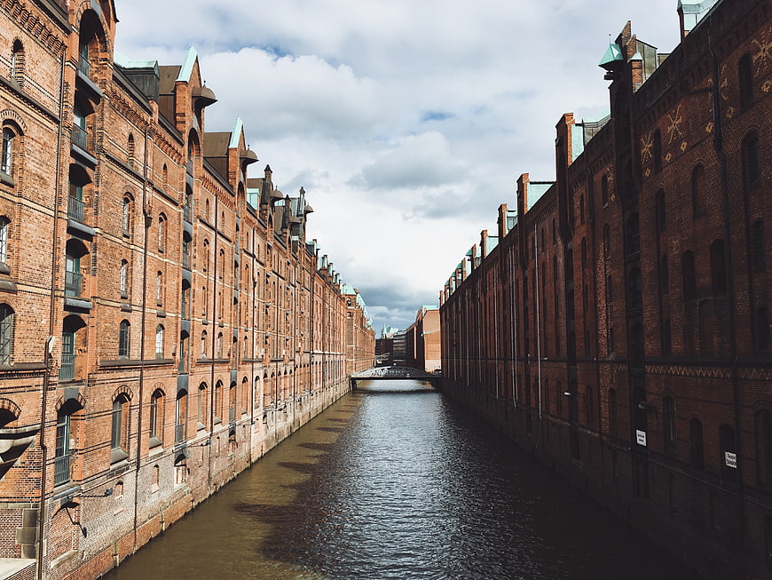 Historic Brick Warehouses Along a Canal in Hamburg