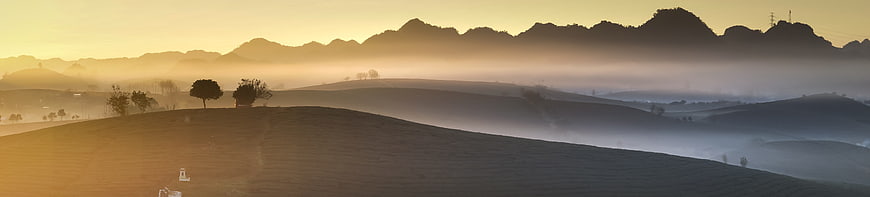 Panoramic Misty Mountain Landscape at Golden Hour