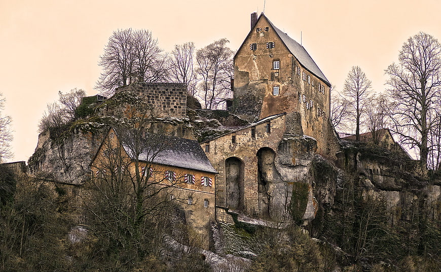 Historic Pottenstein Castle Ruins on Rocky Cliff in Franconian Switzerland