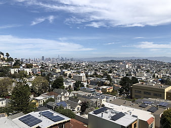San Francisco Skyline View with Solar Panels on Rooftops