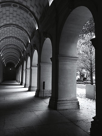 Black and white perspective of a grand arched colonnade