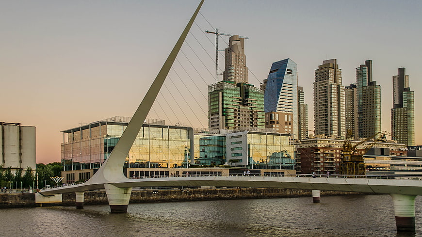 Puente de la Mujer and Buenos Aires skyline at sunset