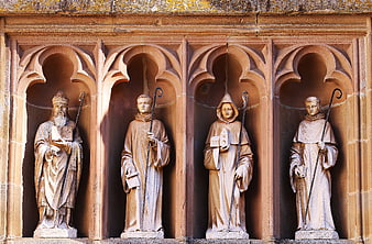 Four Stone Statues of Monks in Gothic Arches at Mariawald Abbey