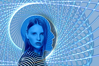 Woman with blue digital spiral tunnel background
