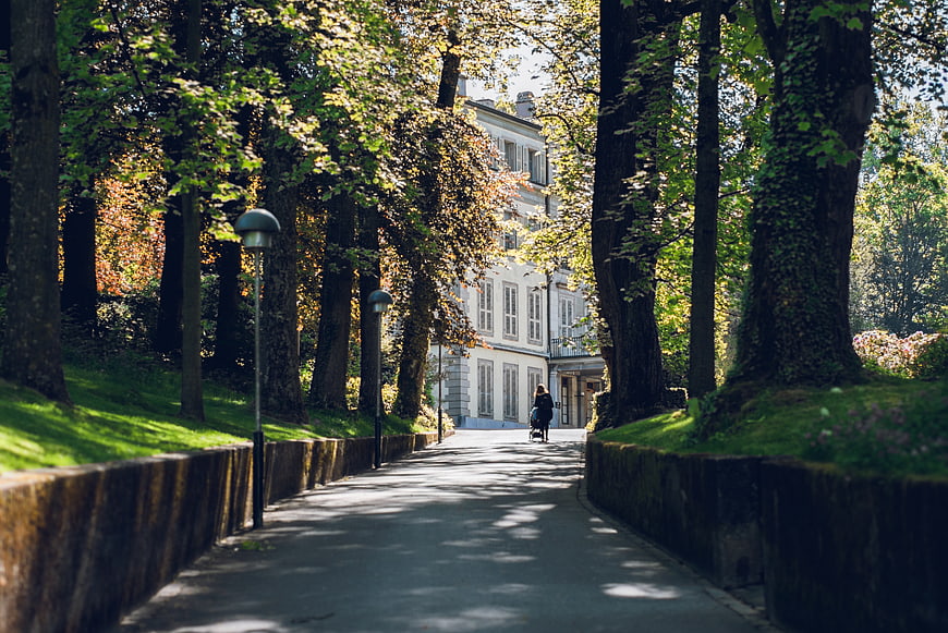 Woman pushing stroller down tree-lined path to white villa