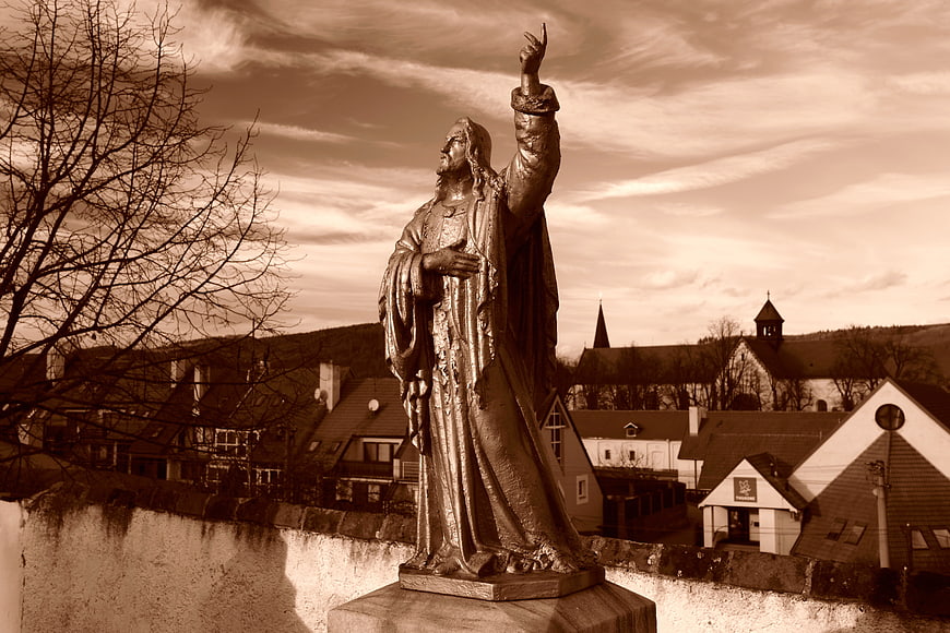 Sepia Statue of Saint Benedict in Predislavice