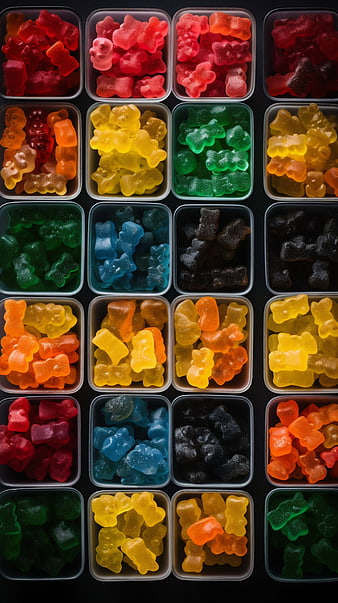 Top View of Colorful Gummy Bears in Grid Containers
