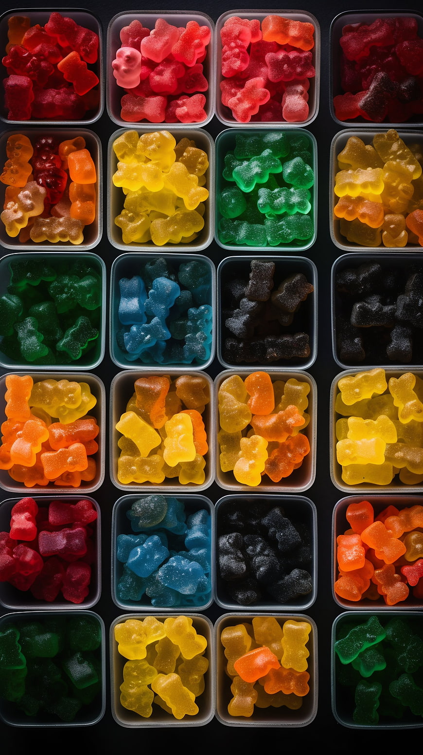 Top View of Colorful Gummy Bears in Grid Containers