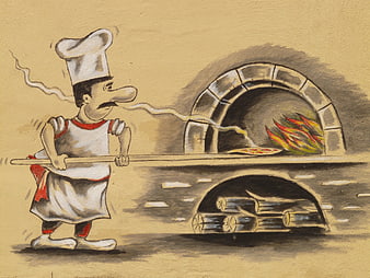 Cartoon chef baking pizza in wood-fired oven
