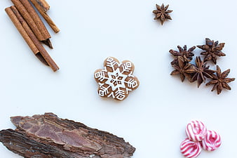 Flat lay of gingerbread snowflake cookie with cinnamon and spices