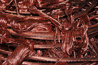 Close-up of tangled copper wire scrap metal texture