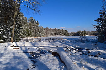 Serene Winter Landscape with Snowy Stream and Frozen Lake