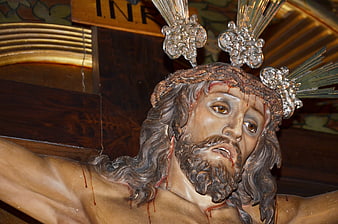 Close-up of Jesus Christ Crucifixion Statue with Crown of Thorns