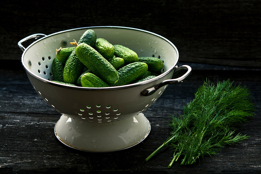 Fresh Cucumbers in White Colander with Dill on Dark Wood