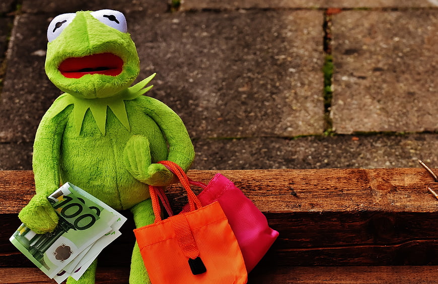 Kermit plush toy holding euro banknotes and shopping bags