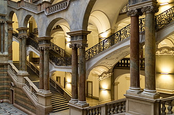 Grand Marble Staircase and Arches in Munich Palace of Justice Interior
