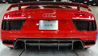 Rear View Of Red Audi R8 Sports Car With License Plate