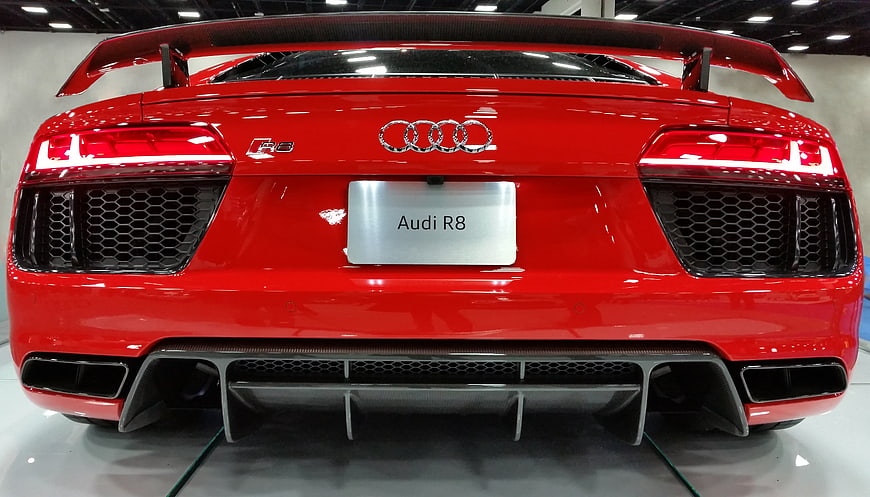 Rear View Of Red Audi R8 Sports Car With License Plate