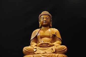 Wooden Buddha Statue Meditating on Black Background