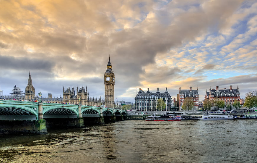 Big Ben and Westminster Bridge over River Thames at Sunset