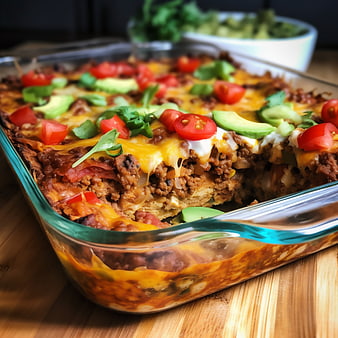 Homemade Beef Casserole with Cheese and Avocado