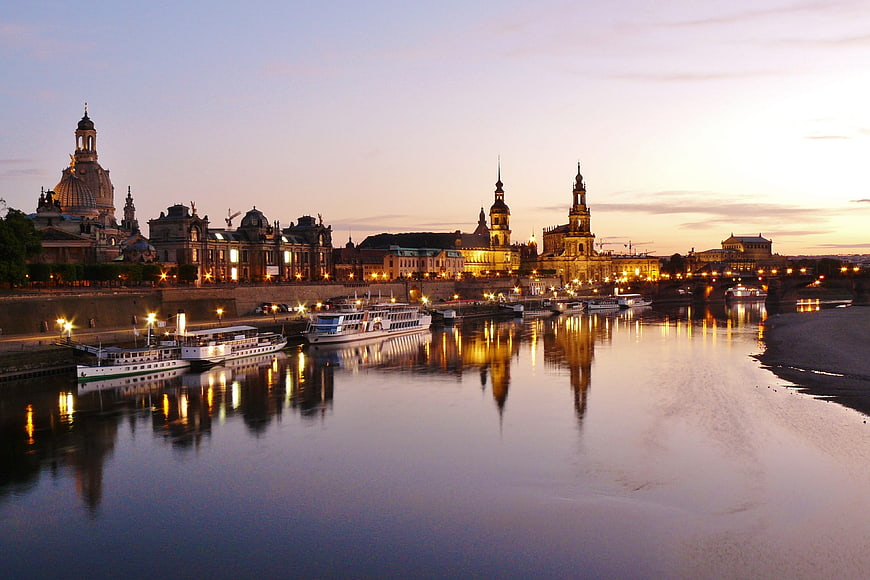 Dresden Cityscape at Dusk with Elbe River Reflections and Historic Architecture