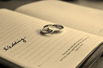 Wedding rings on open notebook with handwritten wedding text and Psalm 31:3