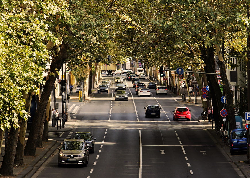 Busy Urban Avenue With Traffic And Lush Tree Canopy
