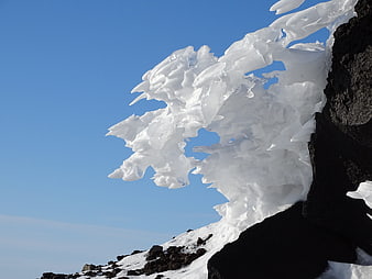 White Ice Formations on Black Volcanic Rock Against Blue Sky
