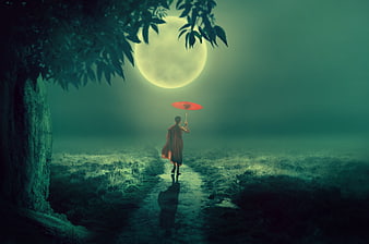 Mystical Buddhist monk walking barefoot on a foggy path under a full moon