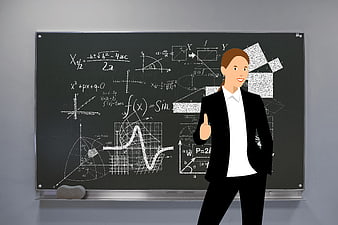 Cartoon female teacher giving thumbs up in front of math chalkboard
