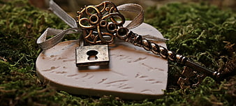 Vintage Key and Lock on Heart Shaped Stone with Moss