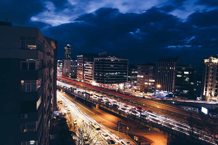 Long Exposure Night Cityscape with Traffic Light Trails