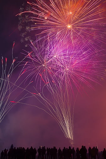 Vibrant Fireworks Display Over Silhouetted Crowd At Night