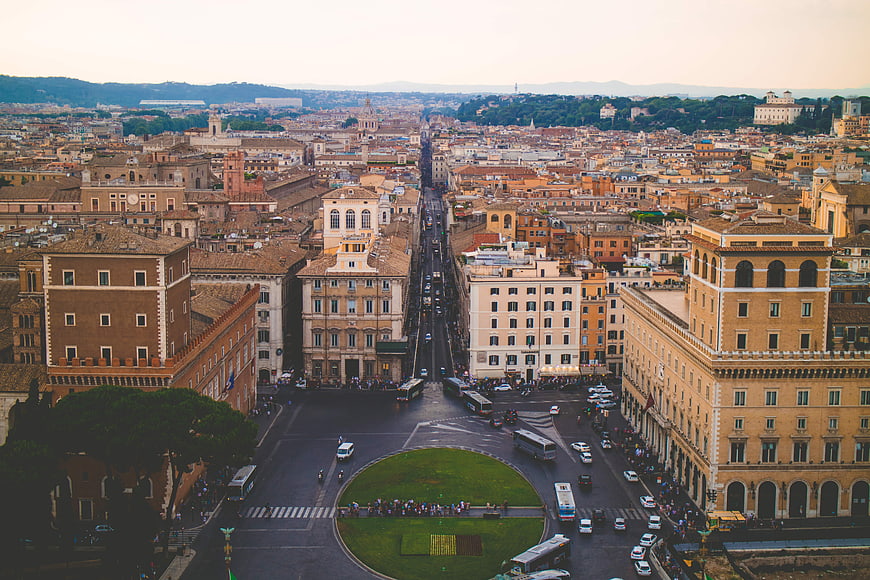 Aerial View of Rome Cityscape with Traffic and Historic Architecture