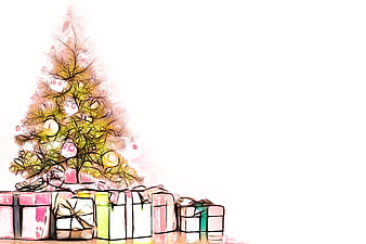 Sketch Style Christmas Tree with Gifts on White Background
