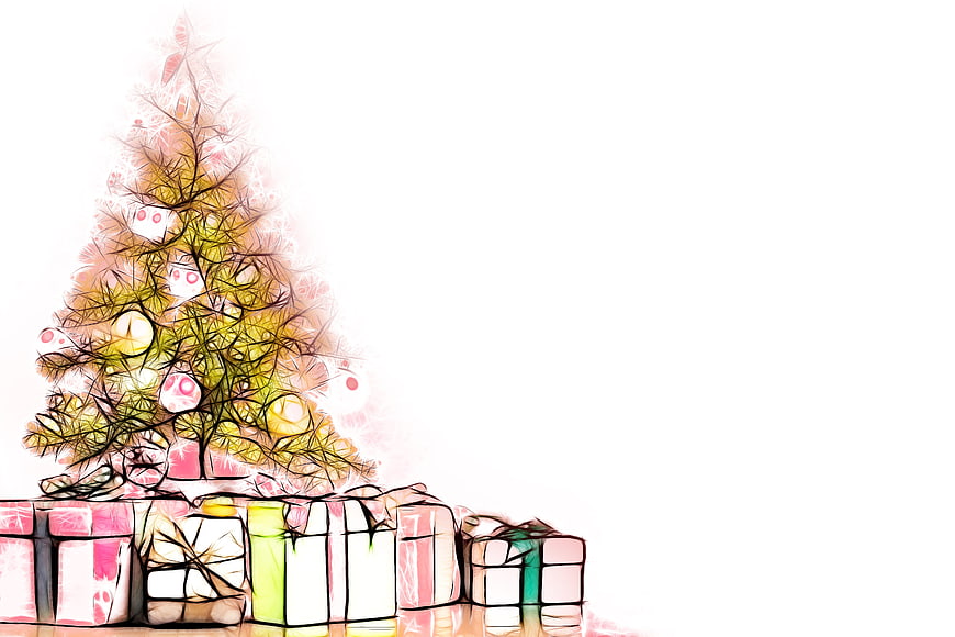 Sketch Style Christmas Tree with Gifts on White Background