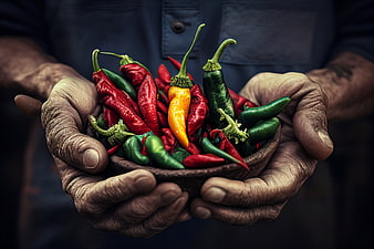 Weathered Hands Holding Fresh Chili Peppers
