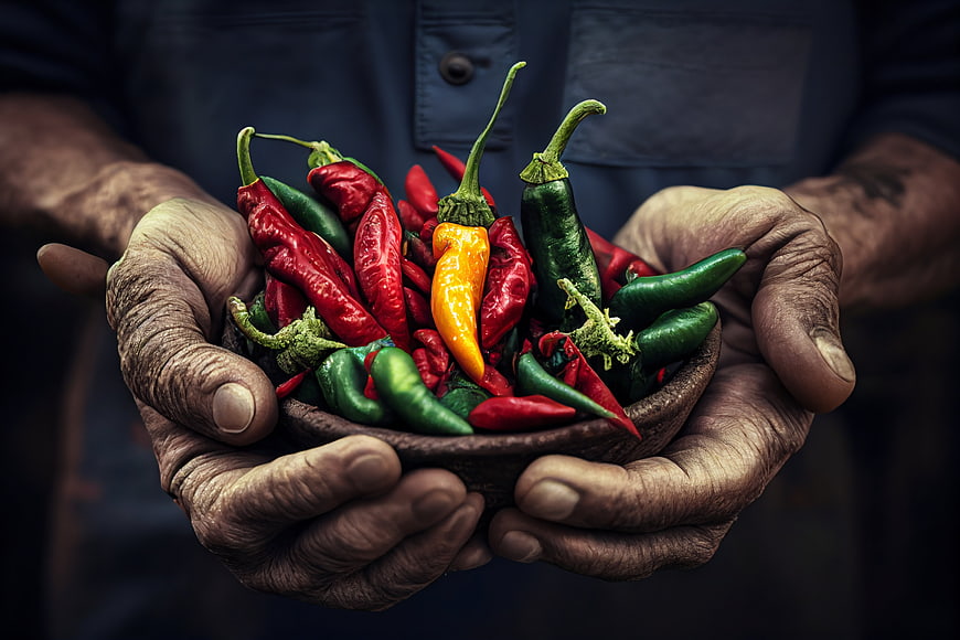 Weathered Hands Holding Fresh Chili Peppers