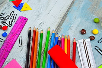 Colorful Pencil Flat Lay With Rulers And School Supplies