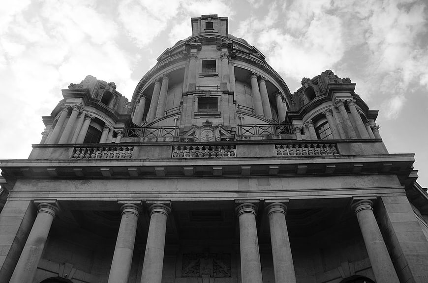 Black and white low angle view of grand Edwardian architecture