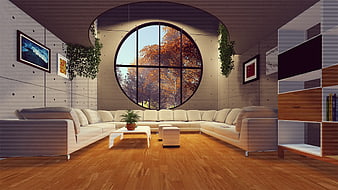 Modern living room with circular window and white sectional sofa