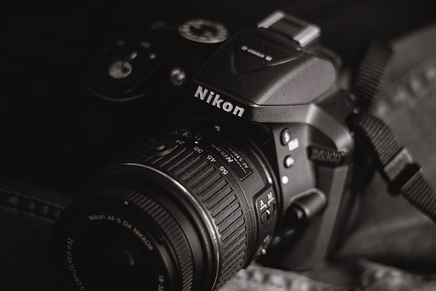 Close-up of Nikon DSLR Camera in Black and White