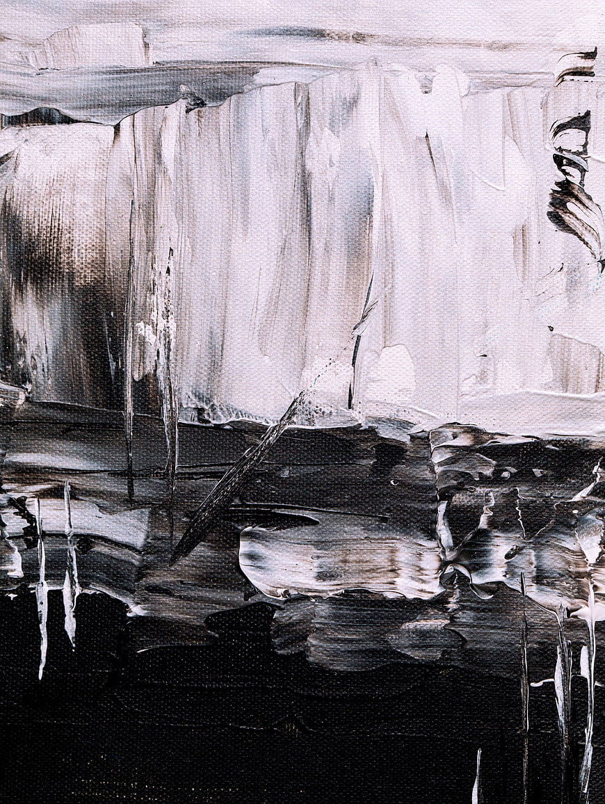 Abstract black and white acrylic painting with textured brushstrokes
