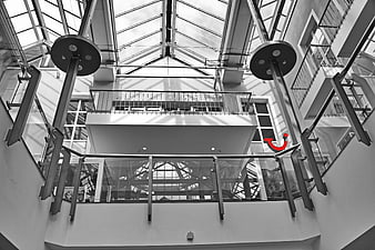Black and white modern atrium with glass roof and metal beams