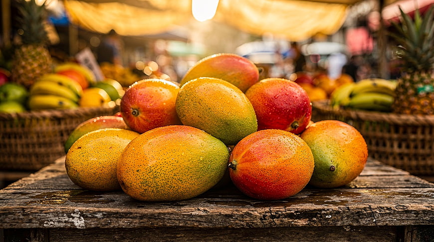Fresh Ripe Mangoes on Wooden Table at Market